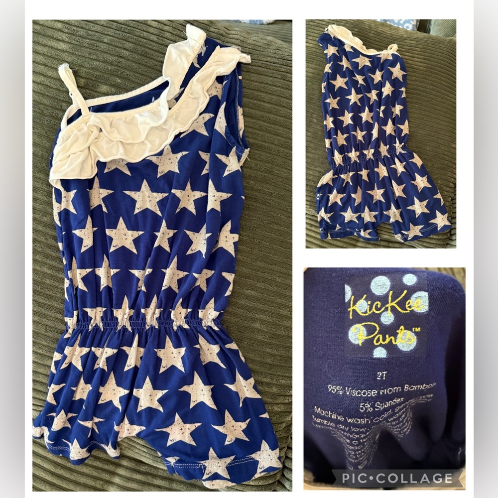 Kickee Pants Girls Blue and White Ruffle Star Romper 2T (runs small)